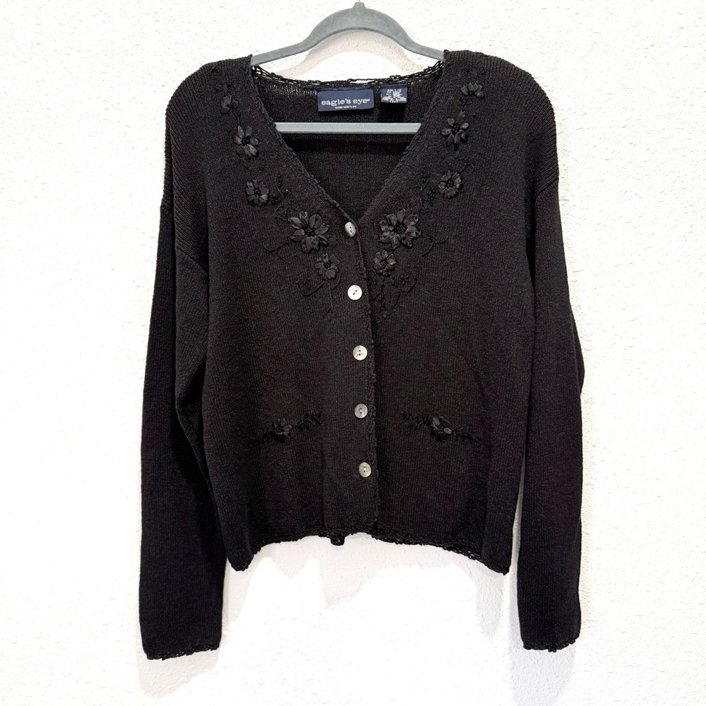 Eagles eyes vintage Chic Black Floral Cardigan Sweater L‎